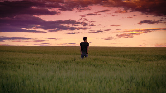 Young Man Walking on Field and Enjoying Sunset photo