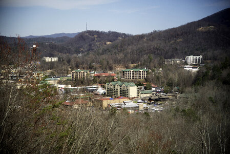 View of the Village of Gatlingburg, Tennessee in the mountains photo