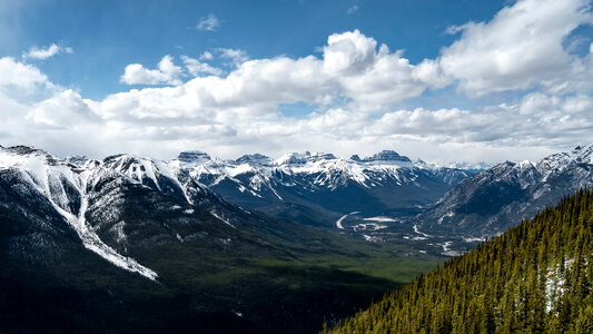 Panorama of the Mountain Tops with snow in Banff National Park, Alberta, Canada photo