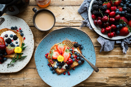 Sweet Breakfast Toast with Fruits on Wooden Table photo