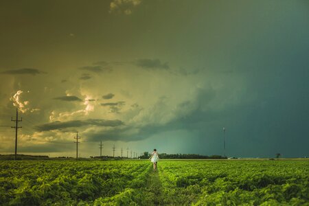 woman in a white dress walks through Manitoba prairie fields photo