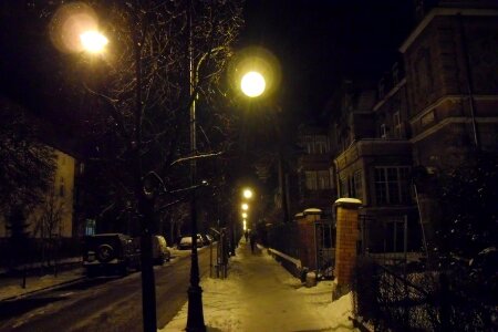 Winter stree in the evening covered with snow with a row of lamps photo