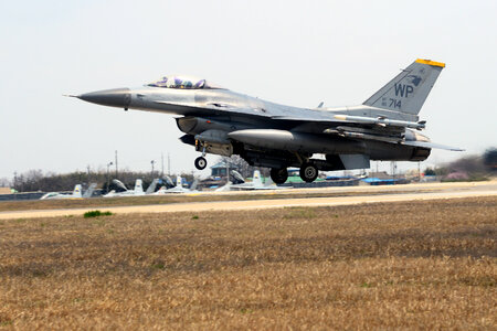 An F-16 Fighting Falcon takes off