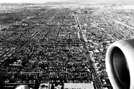 Black and white view of Los Angeles from the Wing