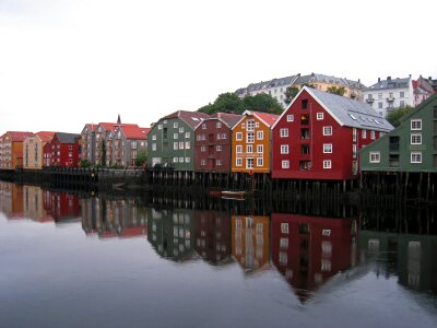 Cityscape of Trondheim, Norway river building on wood photo