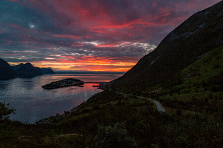 Dusk with clouds and fjord landscape in Norway photo
