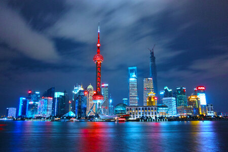 Night Skyline with bright lights in Shanghai, China photo