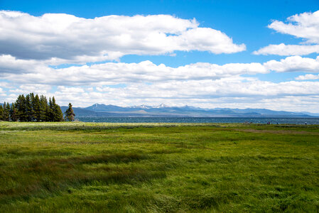 Grassland by Yellowstone Lake with clouds and sky photo
