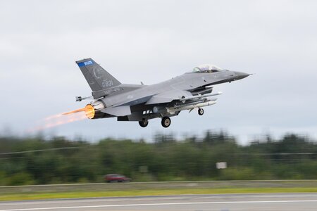 An F-16 Fighting Falcon takes off