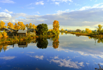 Trees and sky reflected in calm water. Autumn landscape
