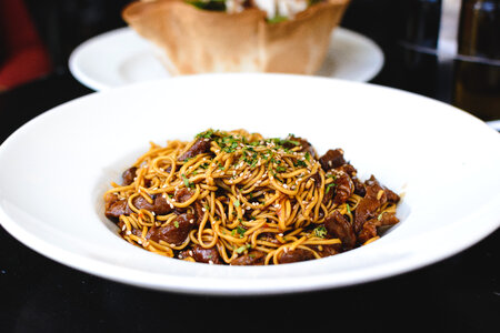 Oyster sauce noodles with beef meat photo