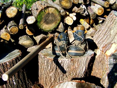 Boots wood-cutting stumps photo