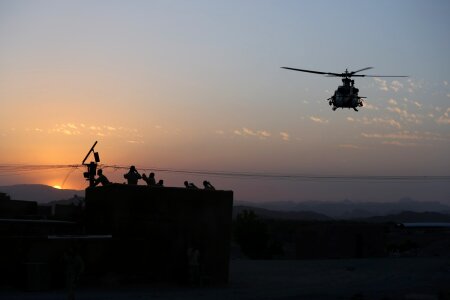 UH-1Y Huey helicopter flies