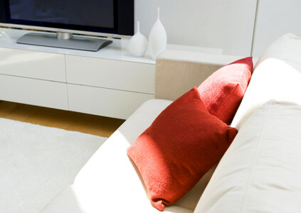 White couch with red pillows and carpet with copy space photo