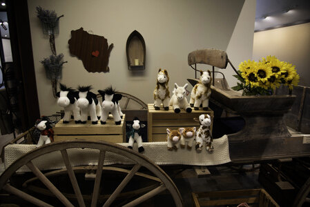 Stuffed animals on a wagon