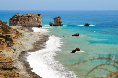 Rock of Aphrodite in the landscape on the coast in Cyprus