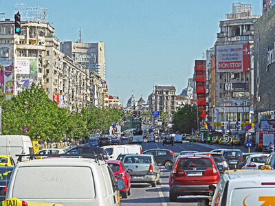 Streets, buildings, and cars in Bucharest, Romania