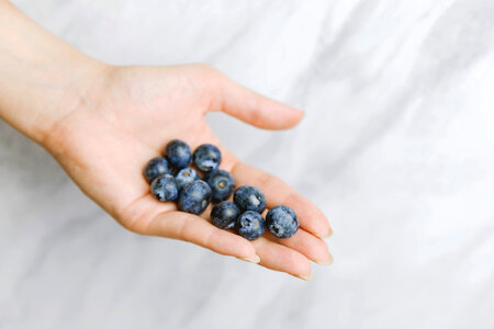 Close up of woman hands holding blueberries at home photo