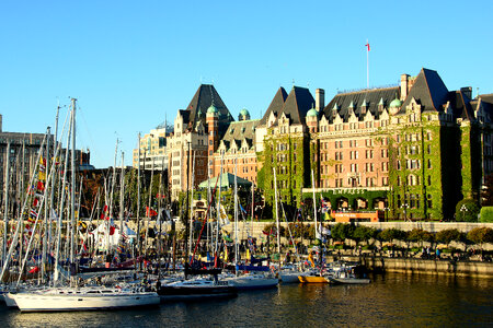 Inner Harbor with boats and buildings in Victoria, British Columbia, Canada photo