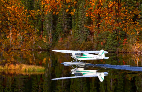 Seaplane landing on the lake in Quebec, Canada photo