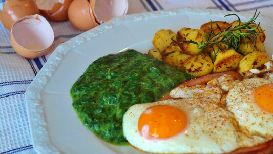 Egg Omelette with green stuff and Potatoes photo