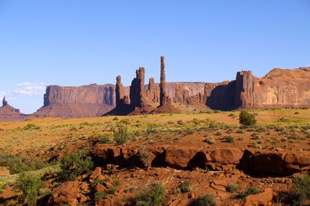 The Totem Pole and Yei Bi Chei rock formations in Monument Valley