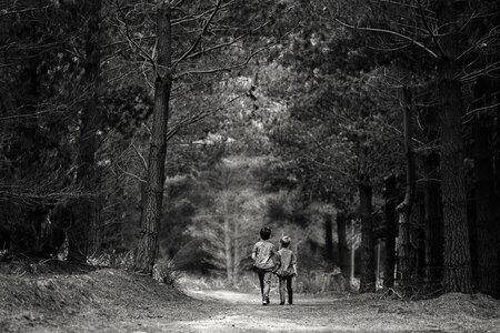 Boys Walking Forest Black White photo