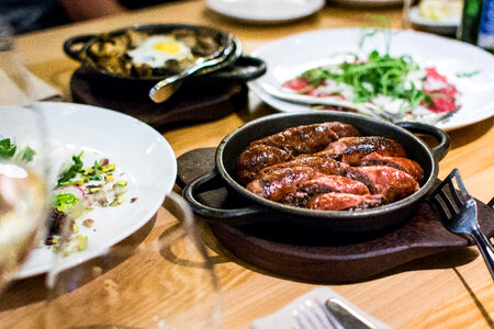 Sausages in a hot pan photo