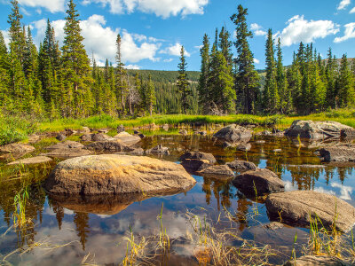Lake, water, rocks, and trees landscape