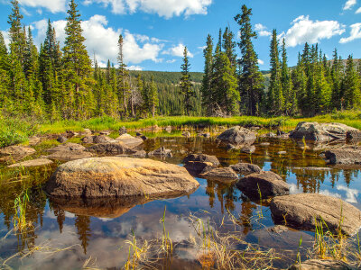 Lake, water, rocks, and trees landscape photo