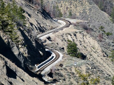 Railway line curves in the mountain forest photo