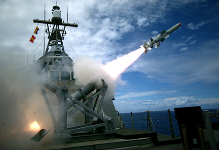 The littoral combat ship launches the Harpoon missile photo