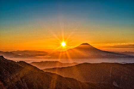 Sunrise over the Mount Fuji in the mountain landscape, Japan photo