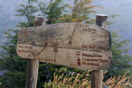 Sign showing the directions and hiking trails patagonia