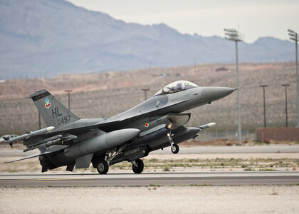 An F-16 Fighting Falcon lands