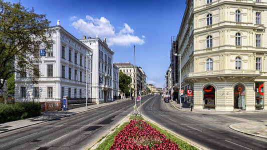 Street View with buildings and road in Vienna, Austria