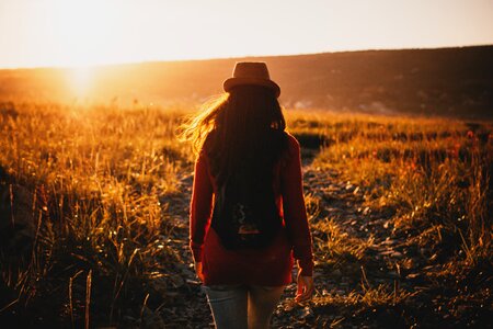 Woman Walk Field Sunset Farm photo