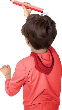 Back view of boy coloring with big pencil
