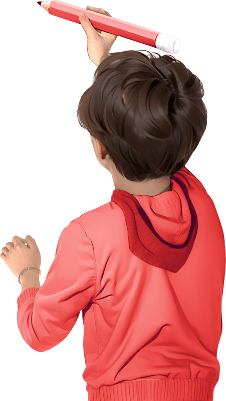 Back view of boy coloring with big pencil