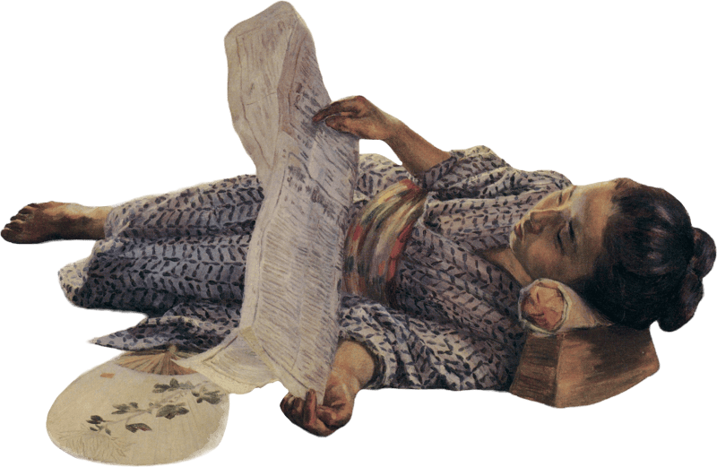 Girl Reading Newspaper by Wada Eisaku