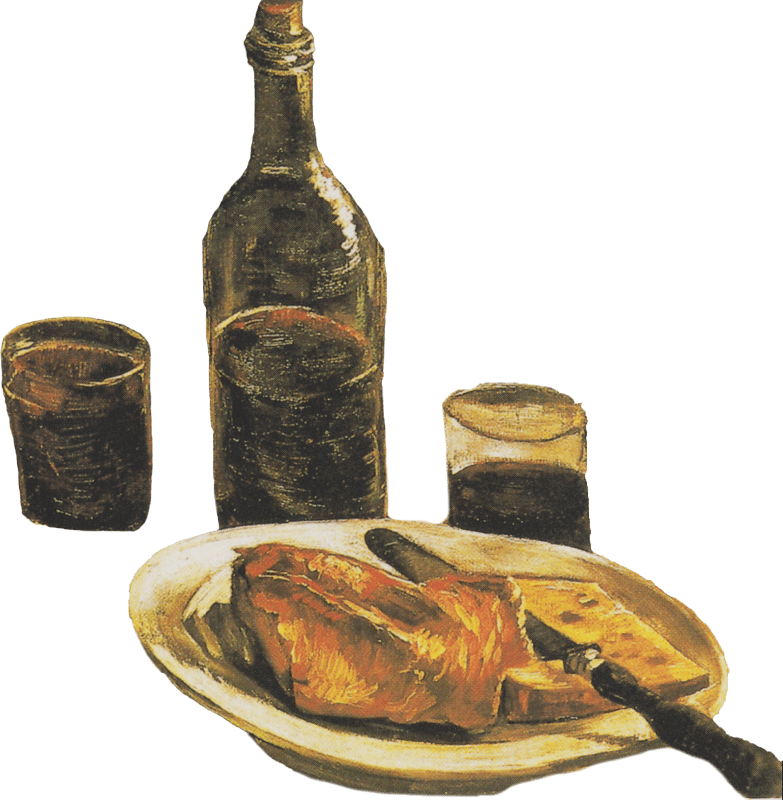 Still Life with Bottle, Glasses, Cheese and Bread by Vincent van Gogh