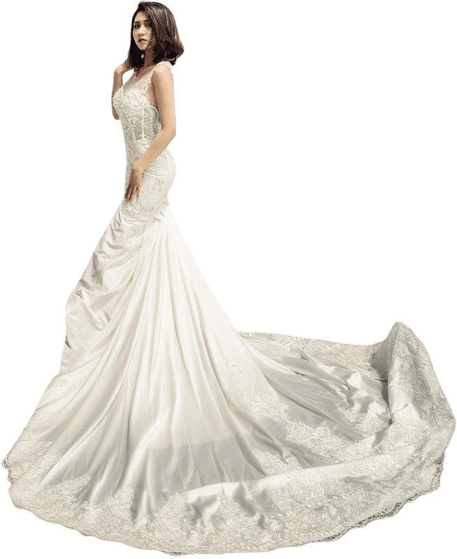 Asian Bride Posing in Long Dress