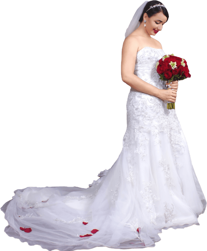 Bride in White Wedding Dress with Bouquet