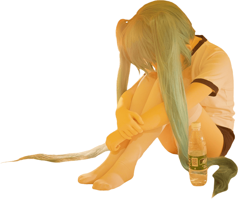 Cosplay Girl Sitting with Bottle