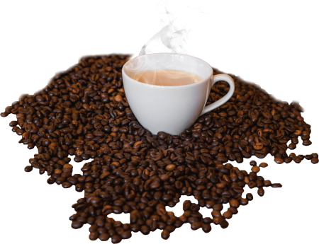Steaming Coffee Cup with Beans