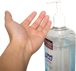 Left hand under sanitizer bottle nozzle