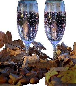 Glasses of champagne in oak leaves
