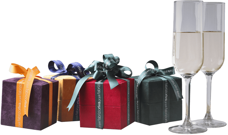 Five assorted gift boxes and two flute glasses