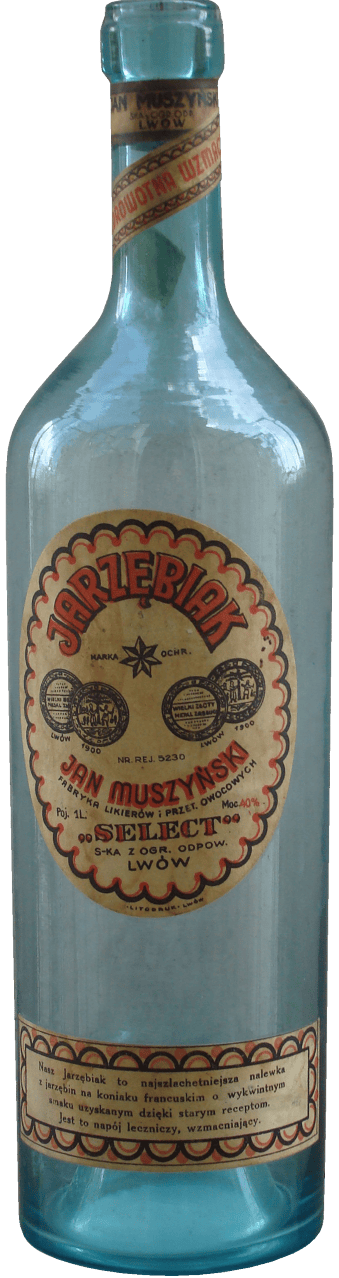 Empty bottle of polish rowan berry vodka made by jan muszynski factory in lwow