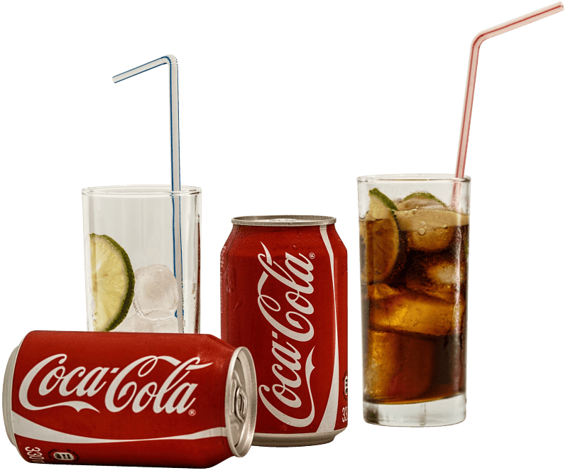 Coca cola cans and glasses with lines